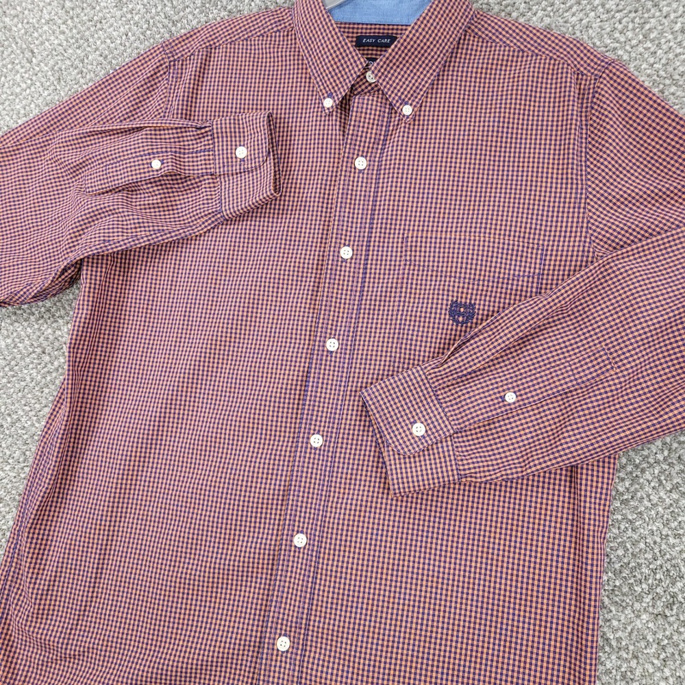 Chaps Easy Care Mens Medium Orange Blue Gingham Check Button Down Shirt L/S